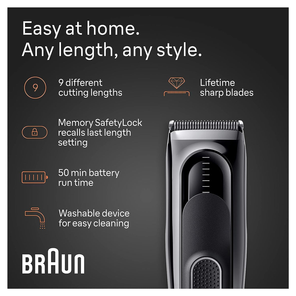 Braun Hair Clipper Series 5 Rechargeable 9 Length Settings + 1 Styling Tool