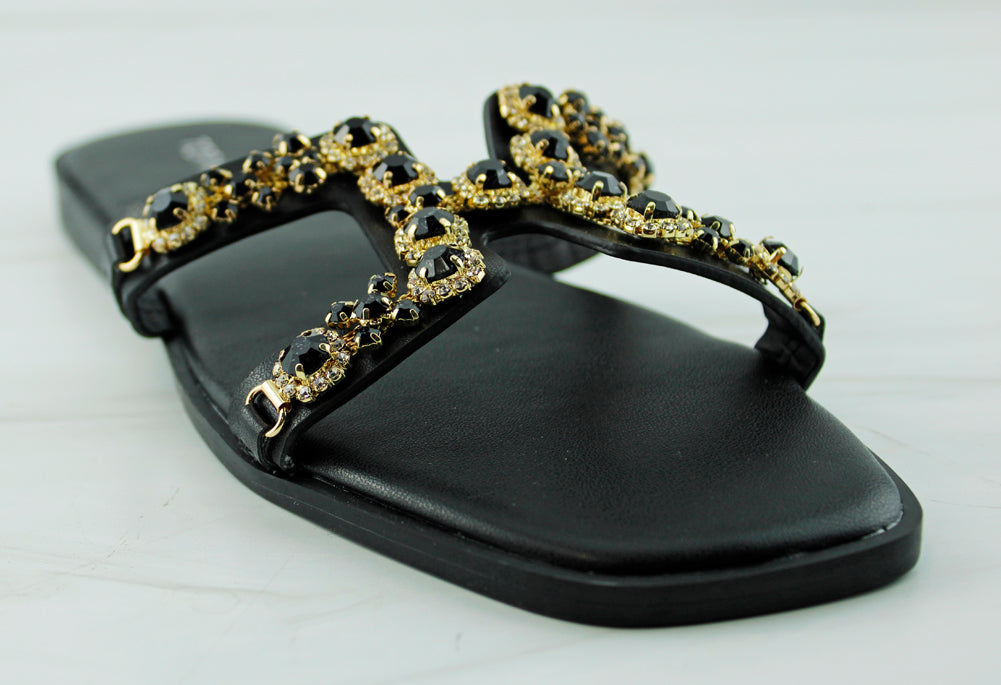 Dubai 1 Women&#39;s H Strap Rhinestone Embellished Flat Sandals