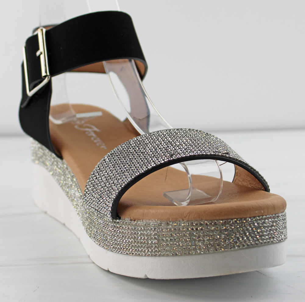 First 53 Women&#39;s Buckle Embellished Rhinestone Platform Sandals