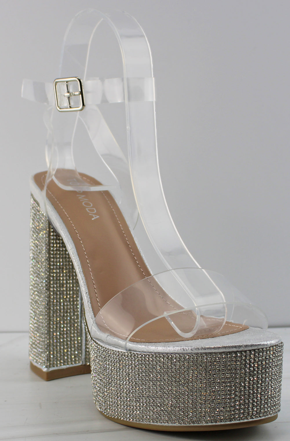 Jasmine 99 Women&#39;s Rhinestone Clear Strap Chunky Platform Heels