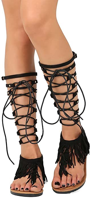 Foxy 02 Womens Lace Up Fringe High Gladiator Sandals