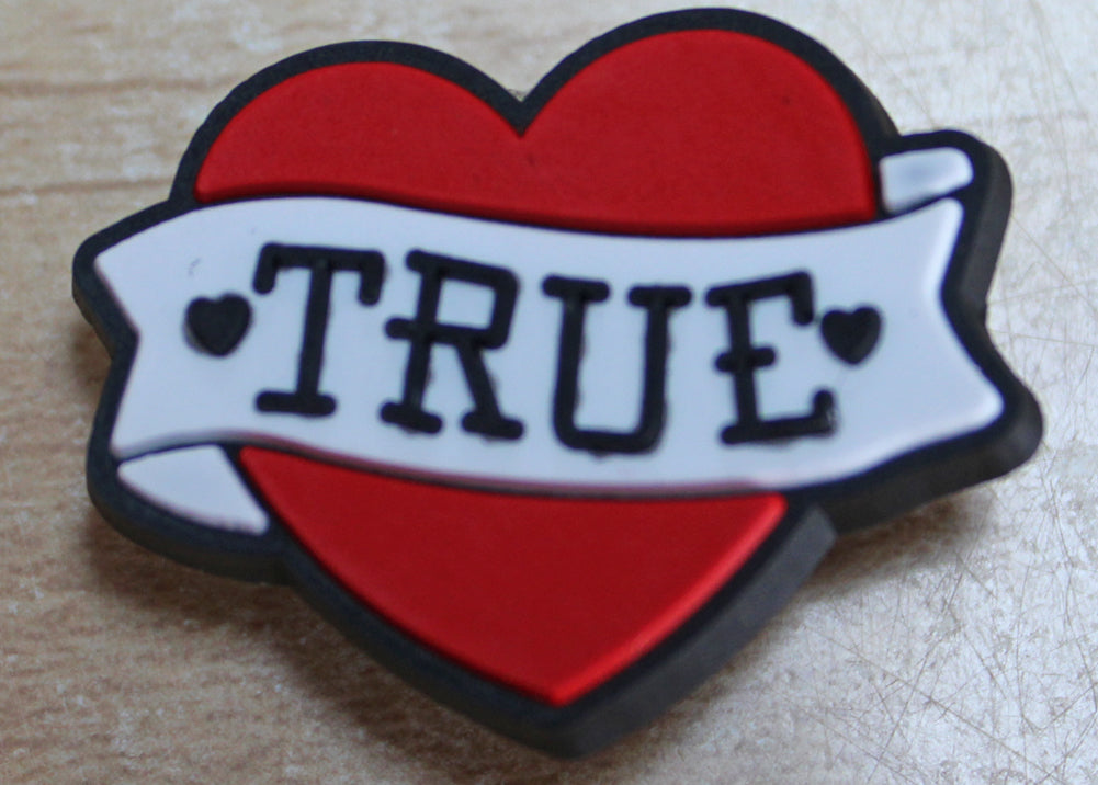 Heart with &quot;True&quot; Banner Rubber Shoe Charms