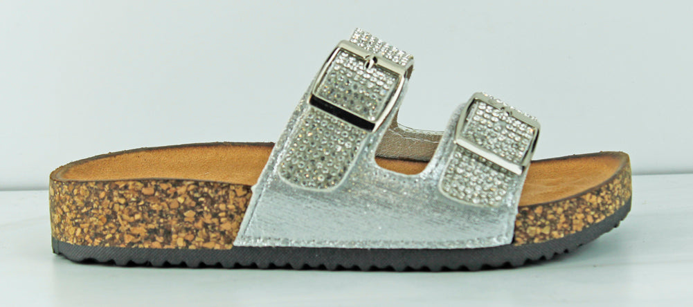 Berk 06k Little Girl&#39;s Double Buckle Embellished Cork Sole Slip On Sandals