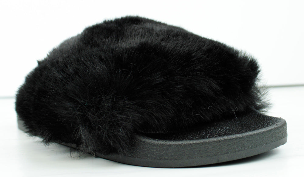 Shearling Fur Slide with rhinestones - Black Flat Women's Sandals