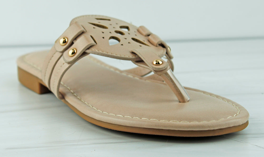 Cheerful 82 Women&#39;s T-Strap Medallion Flat Sandal