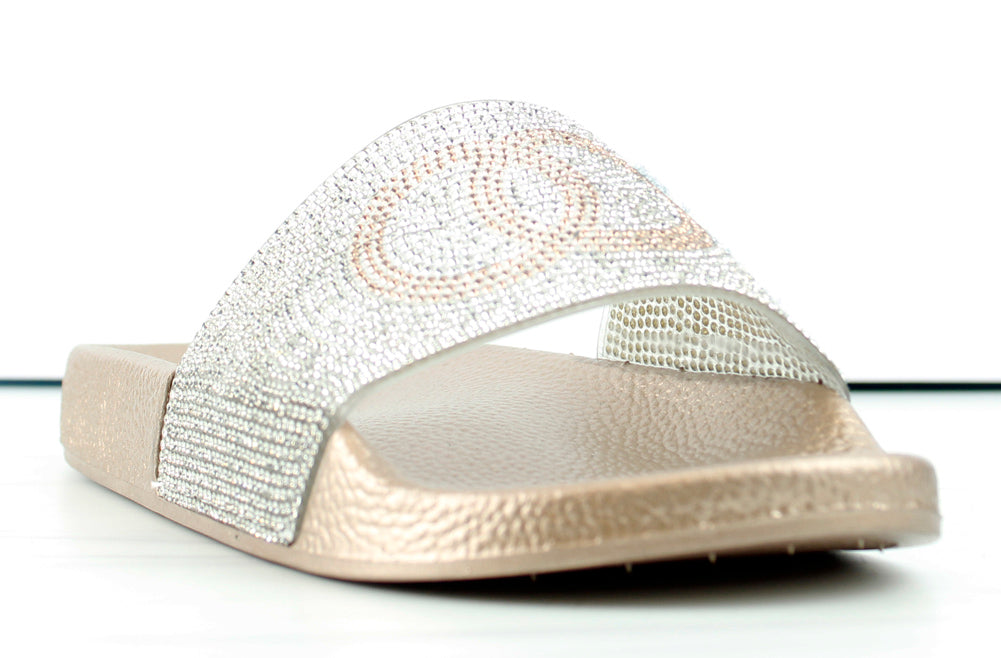 Circle 100 Womens Wide Rhinestone Strap Slip On Sandals