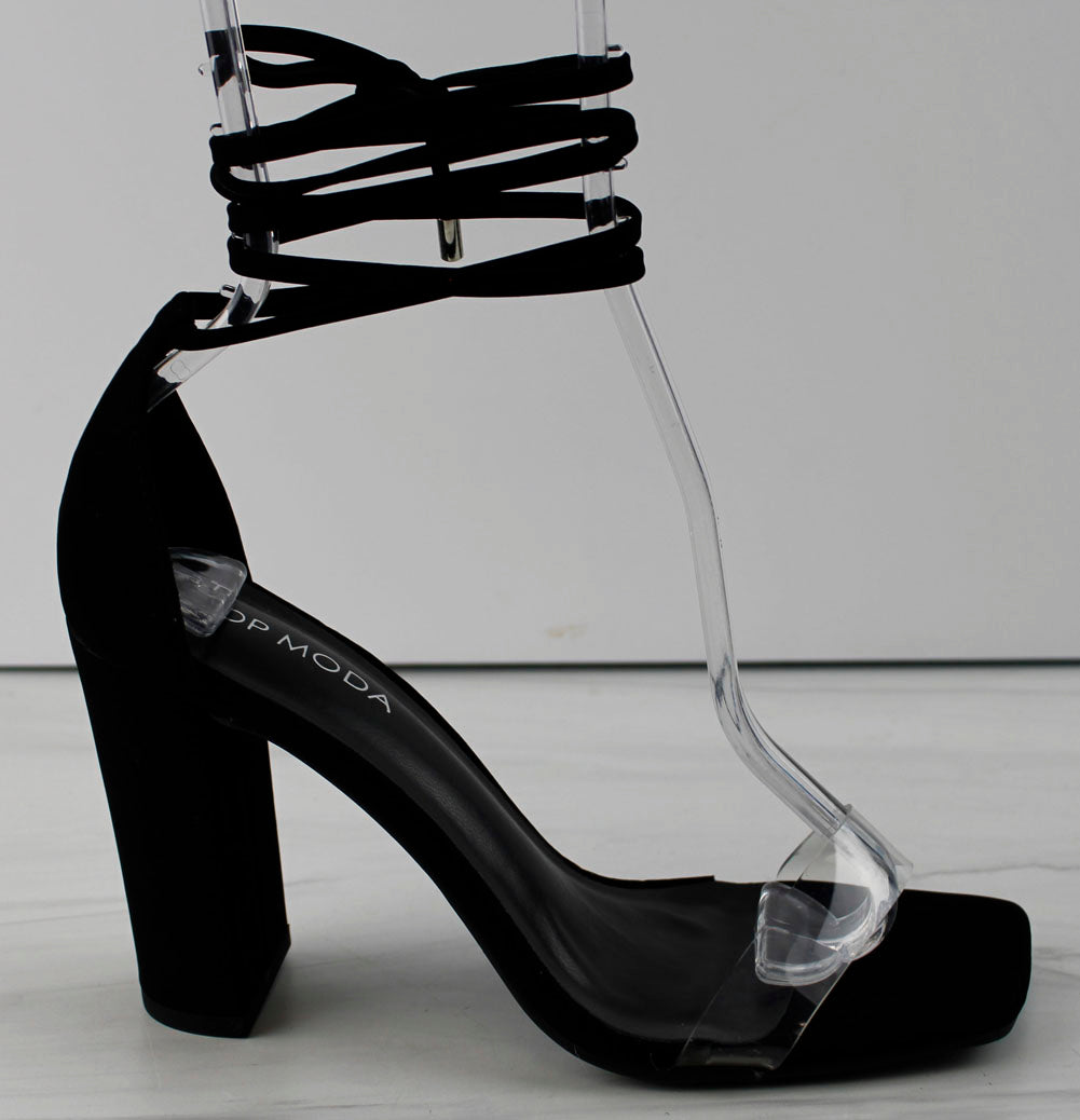 Wicked Platform Heels Satin Lace Black Crystal Chunky Heel Sandals Beaded  Chains Ankle Strap Hook-and-