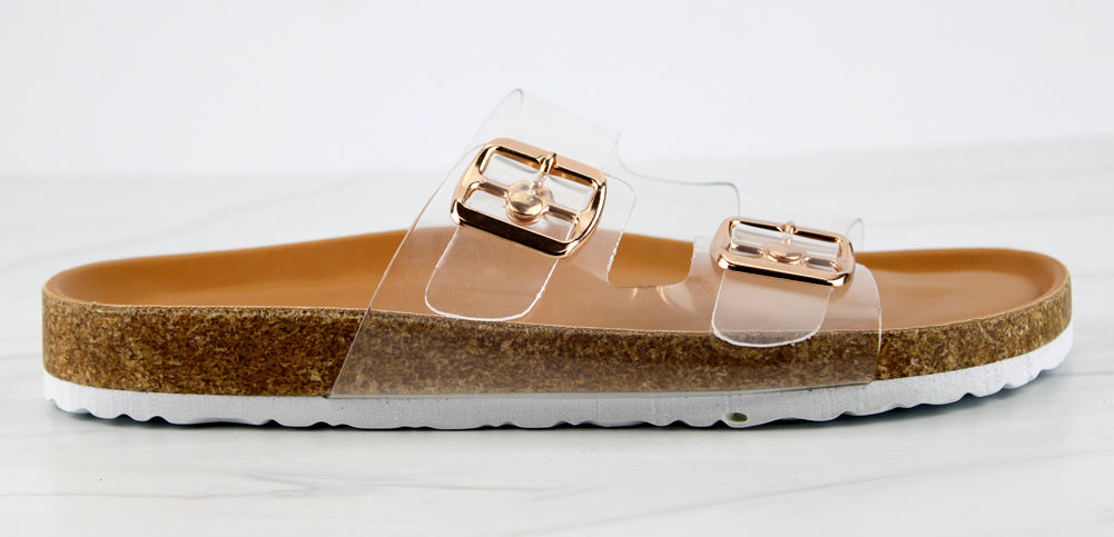 clear double buckle sandals