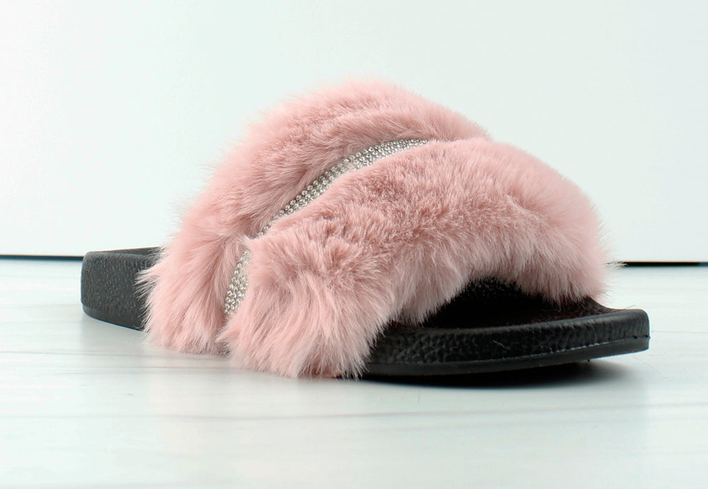 Furry 601 Womens Faux Fur Rhinestone Slides SHOE BARGAIN