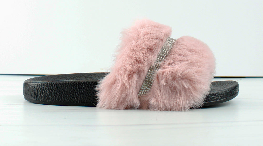 Furry 601 Womens Faux Fur Rhinestone Slides SHOE BARGAIN