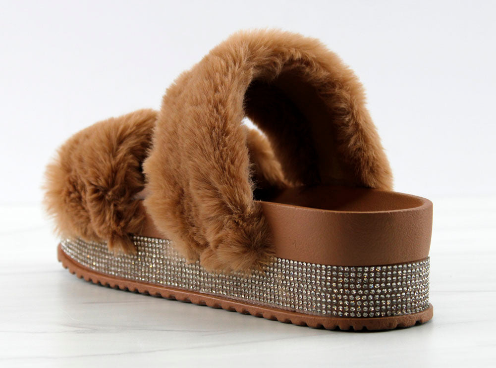 Kristen 11 Womens Double Faux Fur Band Platform Slides With