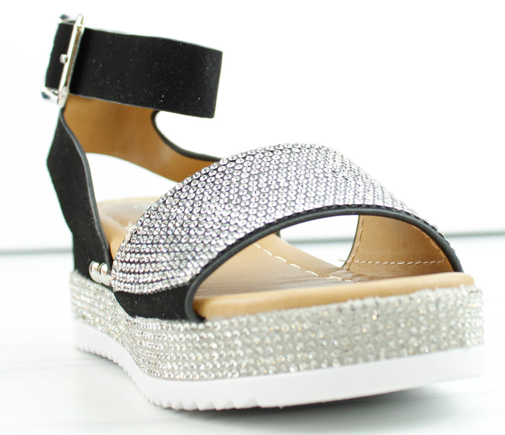 Black Rhinestone Wedge Sandals Open Toe Platform Slingback Sandals|FSJshoes