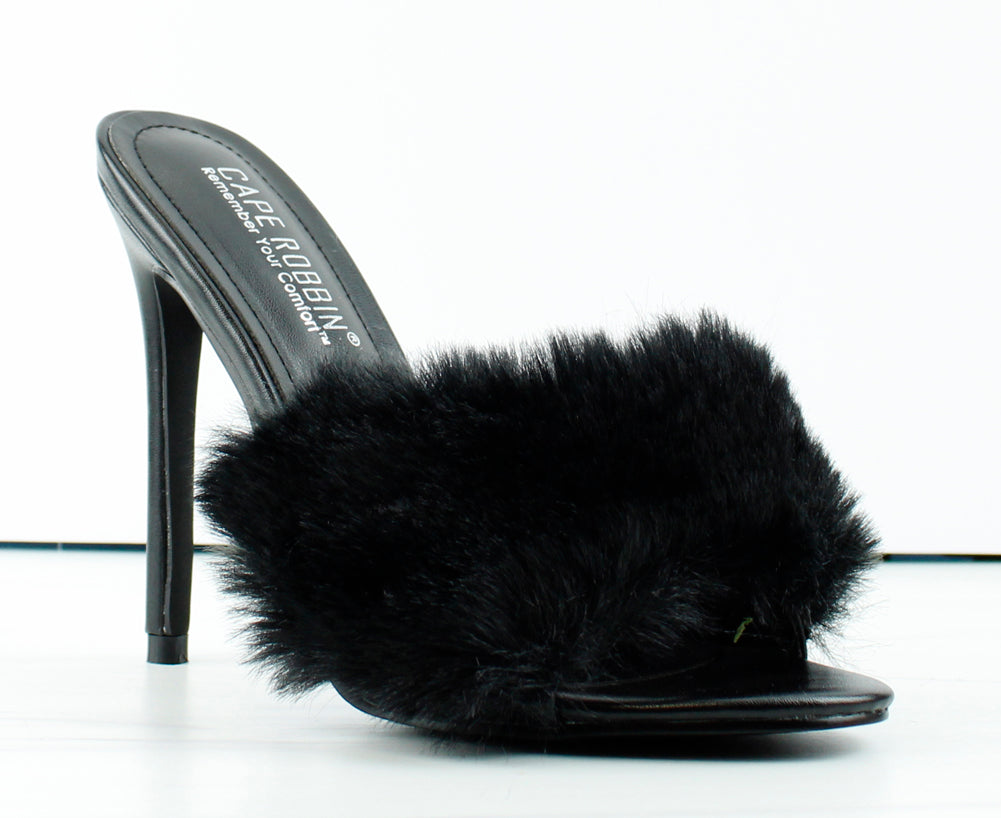 Pryer Womens Faux Fur Stiletto Heel Mule Sandals - SHOE BARGAIN