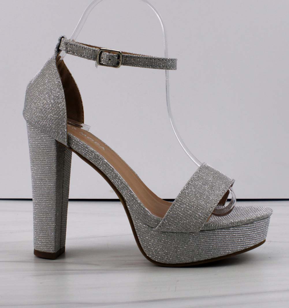 Silver open toe block heeled sandals