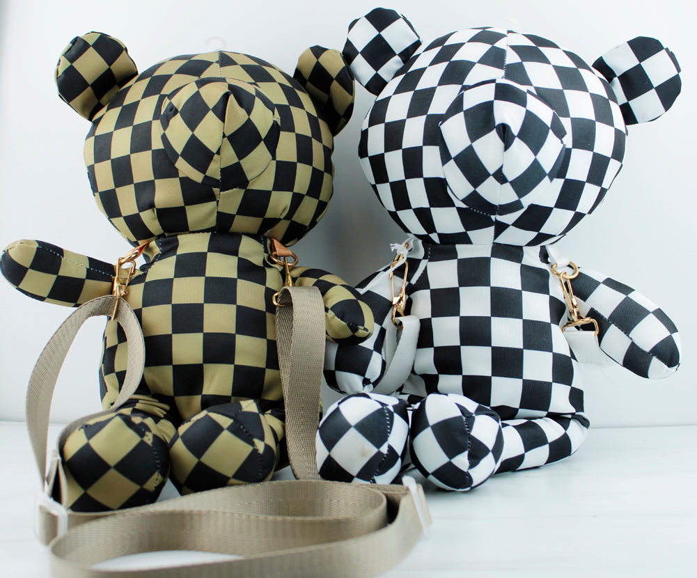 Checkered Plush Bear Crossbody Bag