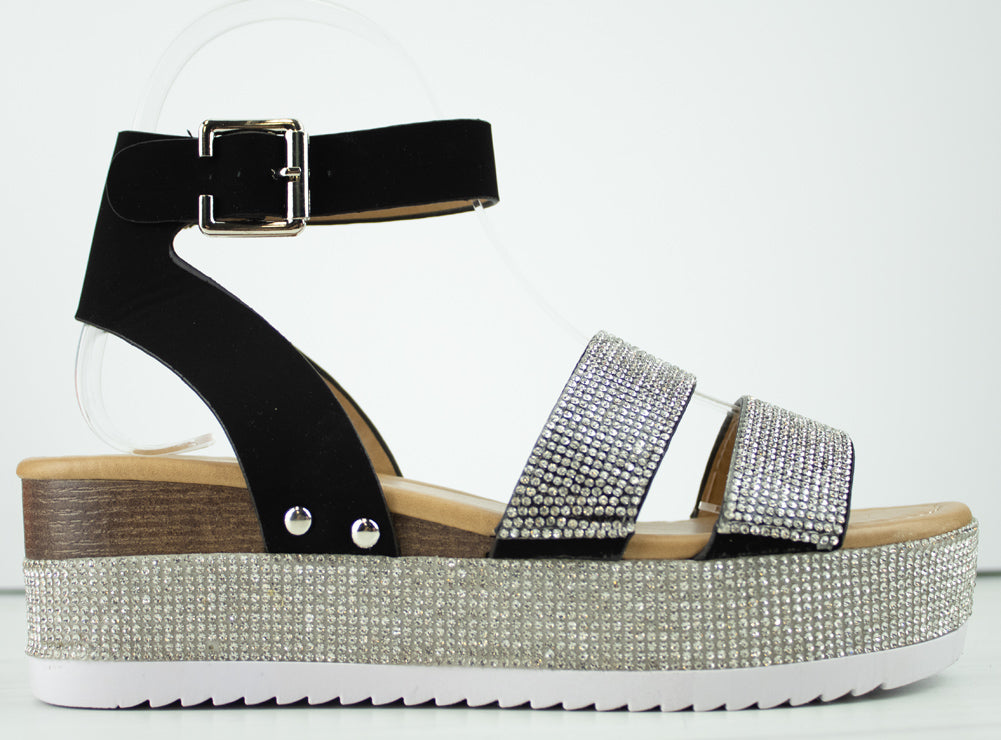 Luxury 43 Women&#39;s Rhinestone Double Band Buckled Platform Sandals
