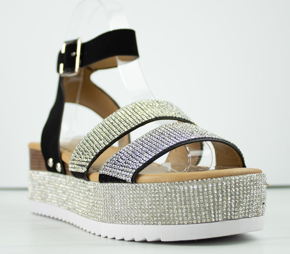 Luxury 43 Women&#39;s Rhinestone Double Band Buckled Platform Sandals