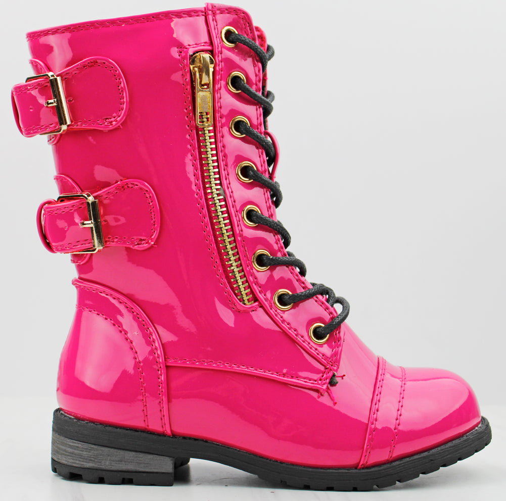 Girls Pink Patent Leather Lace Up Combat Boots, Ships Fast!