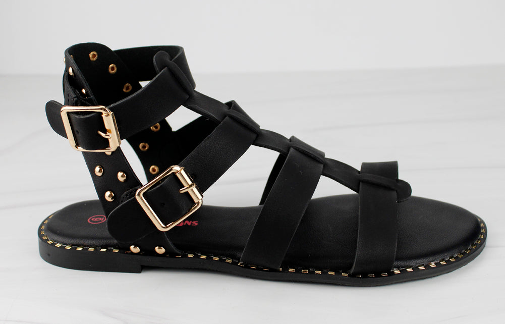 Minimal 58 Womens Open Toe Dual Buckle Studded Flat Caged Gladiator Sandals