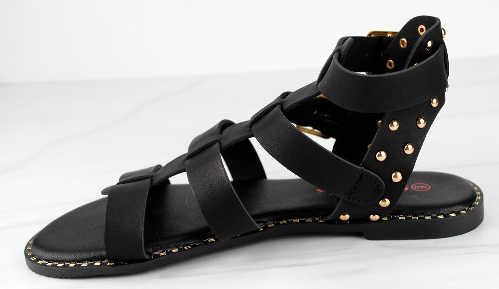 Minimal 58 Womens Open Toe Dual Buckle Studded Flat Caged Gladiator Sandals