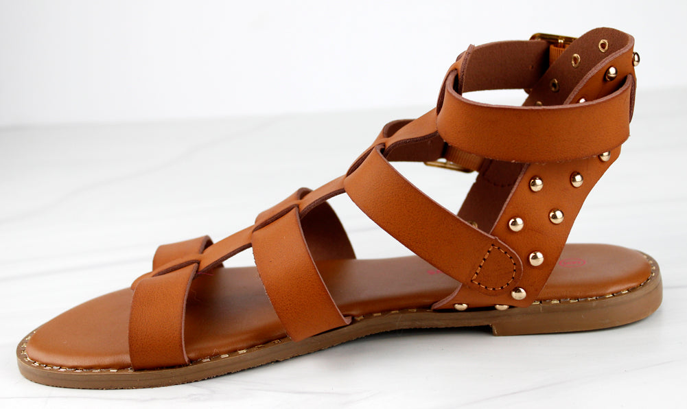 Minimal 58 Womens Open Toe Dual Buckle Studded Flat Caged Gladiator Sandals