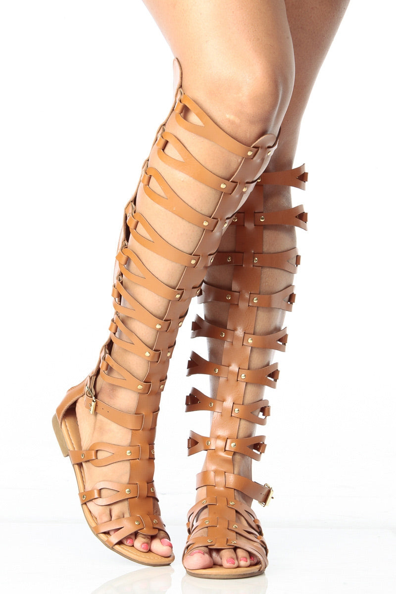 Atta 17 Womens Knee High Buckle Embellish Caged Gladiator Sandals